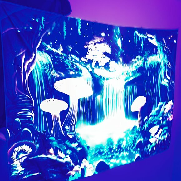 Mushroom kingdom waterfall with trees blacklight tapestry wall decor hanging - Picture 2 of 5